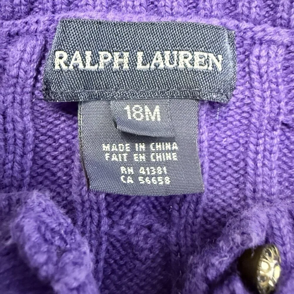 Ralph Lauren Girls Size 18 Month Purple Cable Knit Sweater Cuff Sleeve Ruffle